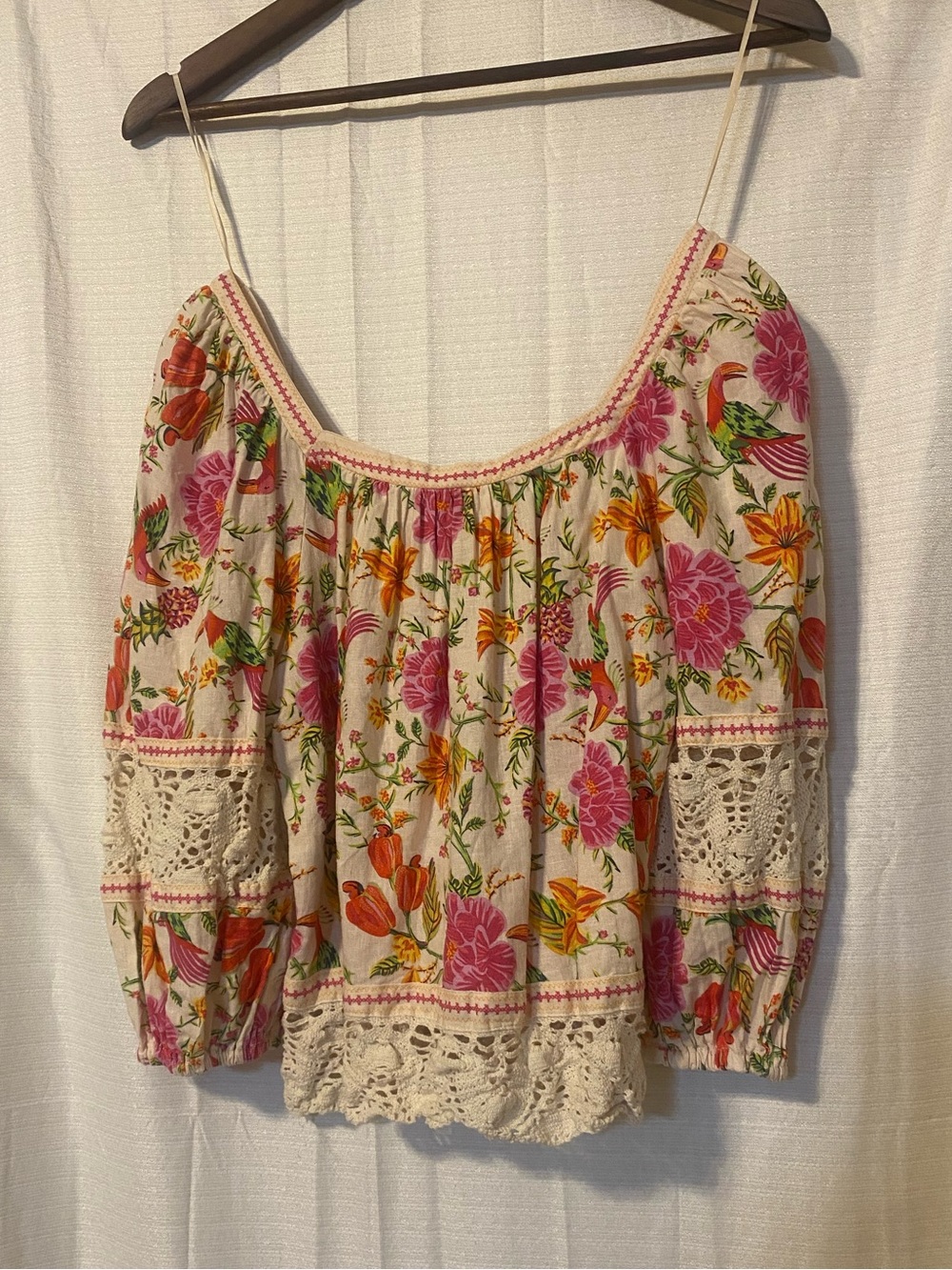 Rachel Zoe Square Neck Crochet-Trim Peasant Style Boho Chic Beach Blouse - Picture 2 of 12